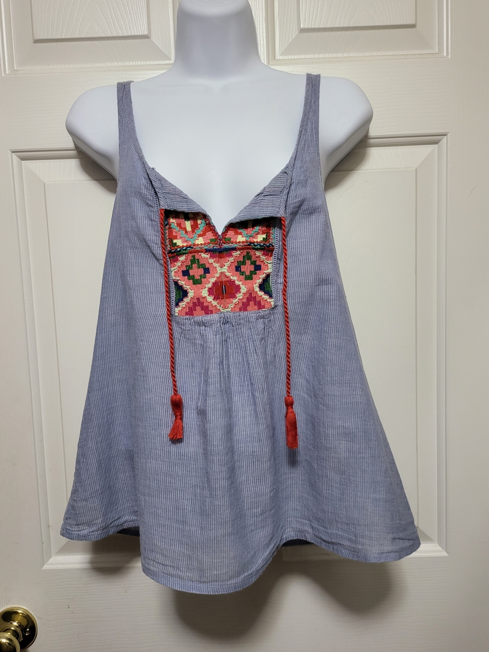 aerie Light Blue Embroidered Camisole with Red Tassel Detail